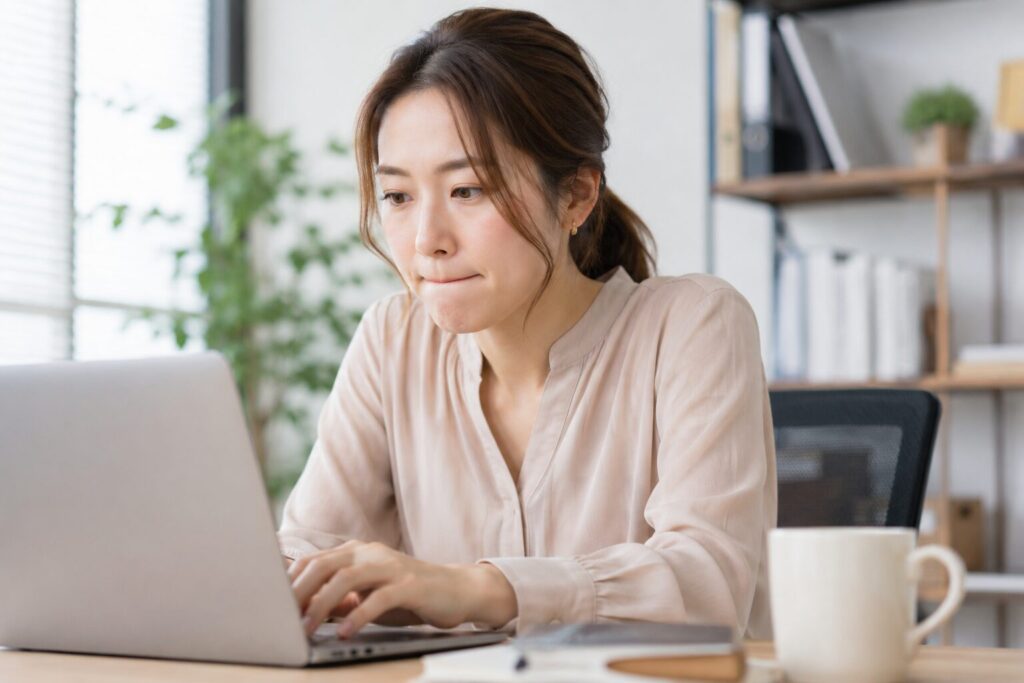 パソコンを見ながら無意識に噛みしめている女性